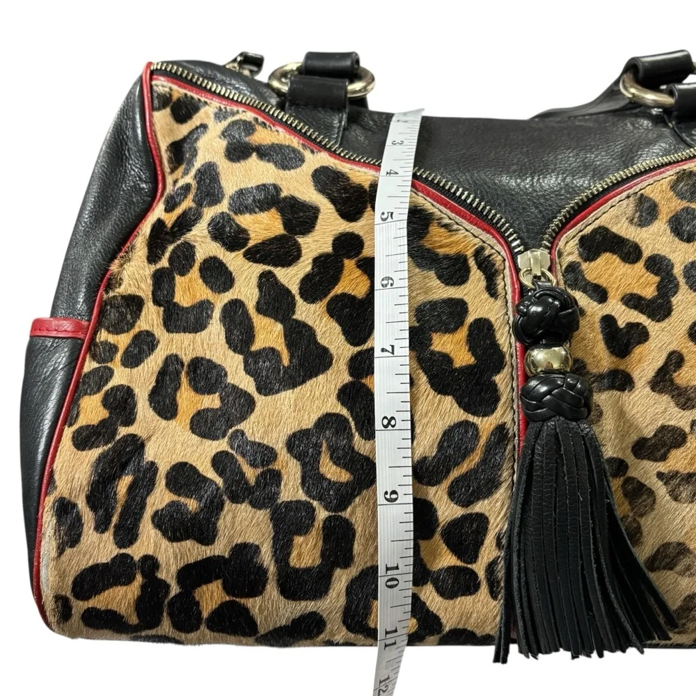 Aqua Madonna Leopard Calf Hair Large Leather Shoulder Bag Red Tassel Zip Satchel - Picture 13 of 15
